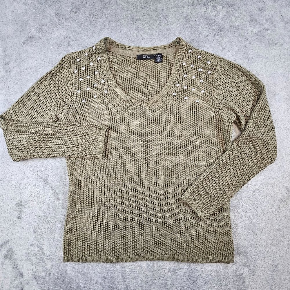 RDI Sweater Women's‎ Small Olive Green Studded Scoop Neck Soft Knit Pullover